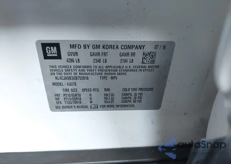 2016 Buick Encore из США, поврежденный, VIN KL4CJASB3GB752816